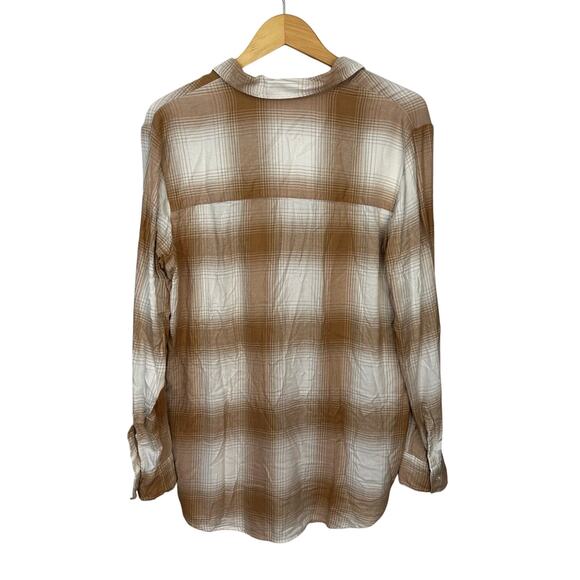 Gap Womens The Easy Shirt Large Button Up Flannel Tan Plaid Long Sleeve Cotton - Picture 3 of 7